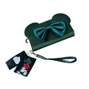 Disney Minnie Mouse Sparkle Green Wristlet Clutch Purse w/Velour Bow NEW